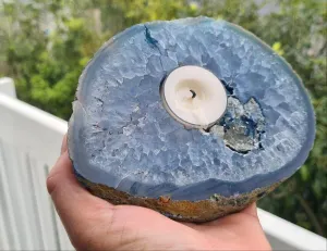 BLUE DYED AGATE CRYSTAL TEA LIGHT CANDLE HOLDER