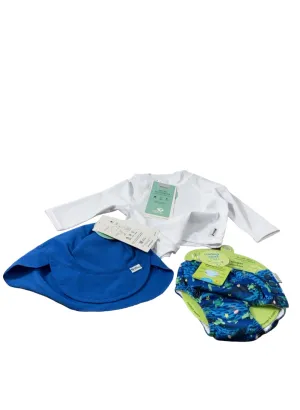 Green Sprouts UPF 50  Snap Swim Diaper & Rashguard Set with Brim Hat, White/Navy Turtle Journey/Cobalt
