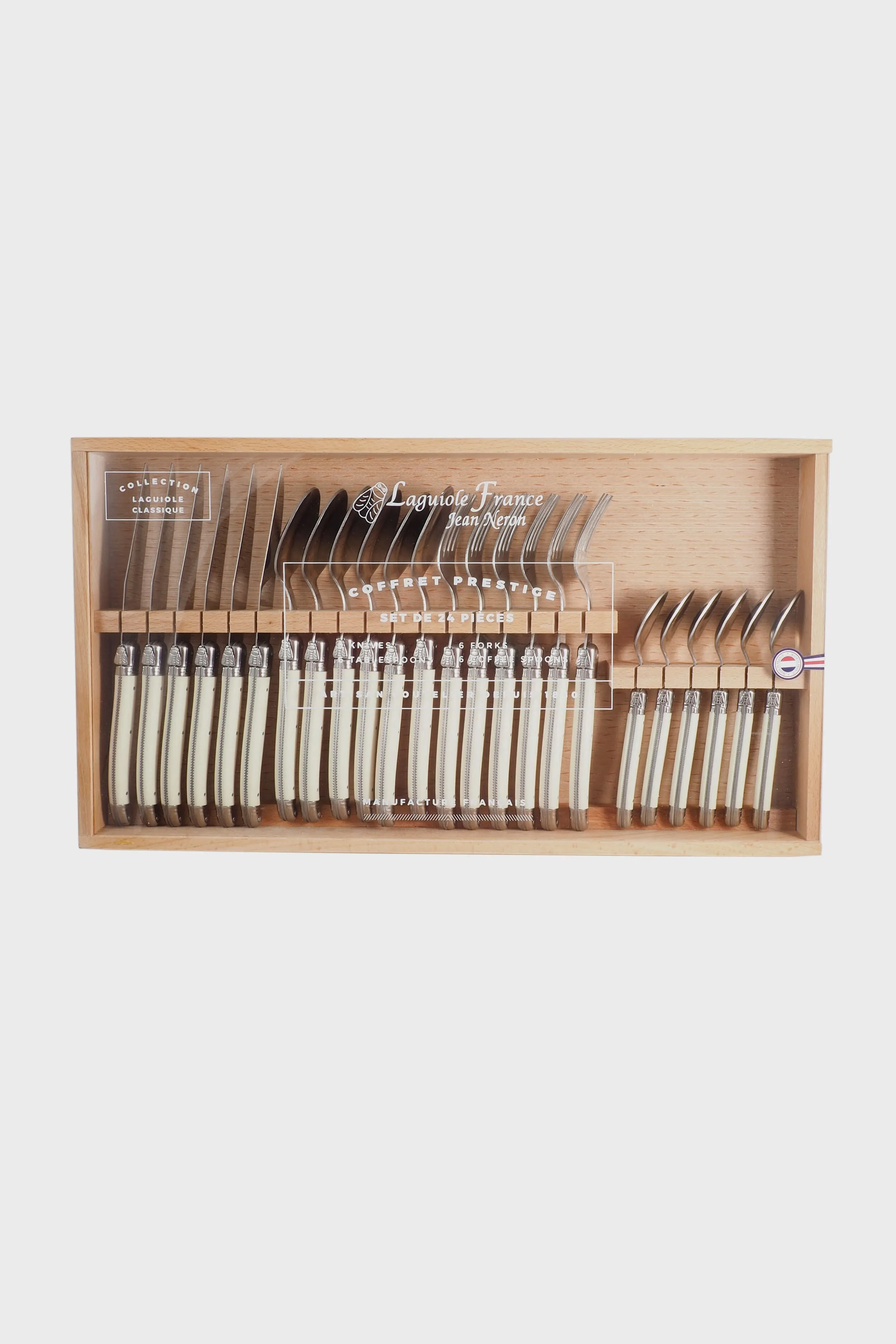 Ivory Flatware in a Wooden Box with Acrylic Lid (Set of 24)