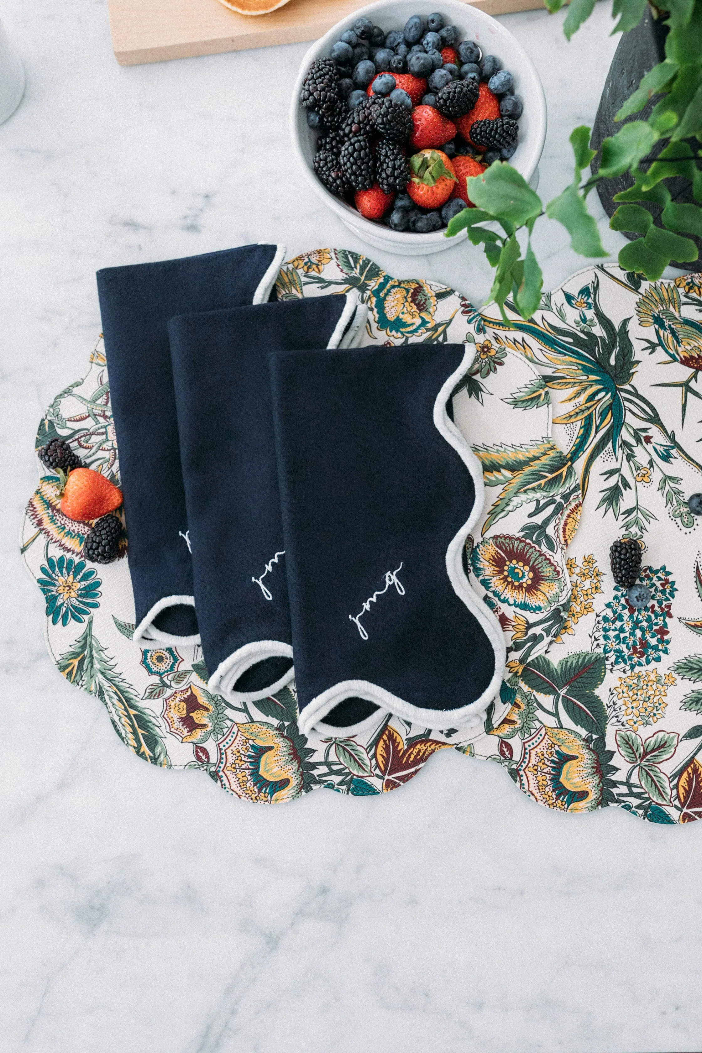 Navy and White Cotton Slub Scalloped Napkins Set of 4