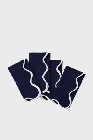 Navy and White Cotton Slub Scalloped Napkins Set of 4