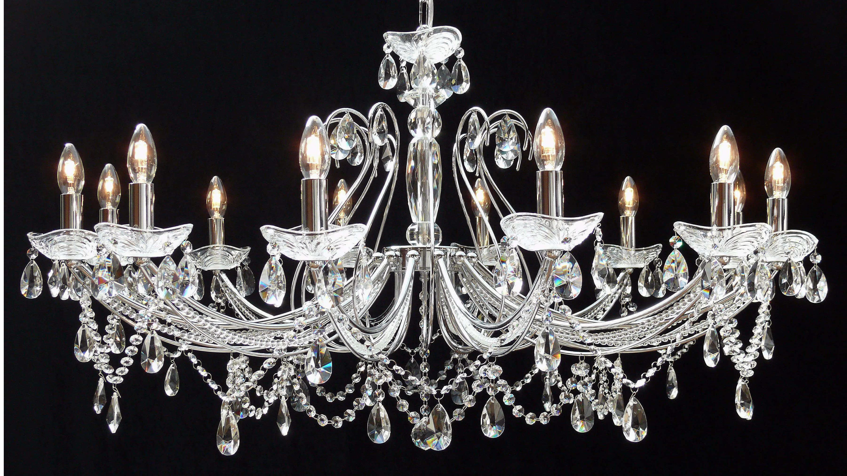 P-1524/12 Concerto 12 Light Pear Shaped Crystal Multi Arm Light Polished Chrome