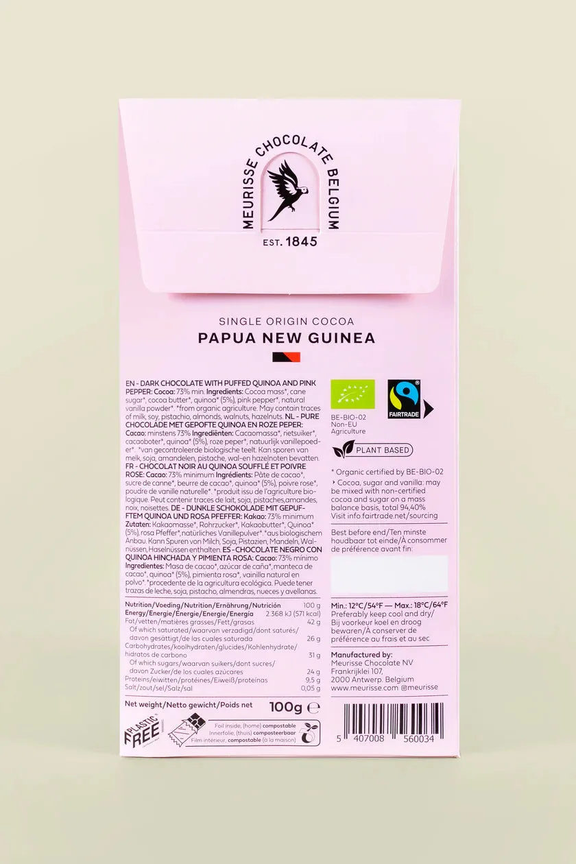 Puffed Quinoa and Pink Pepper 73% Dark Chocolate 100g