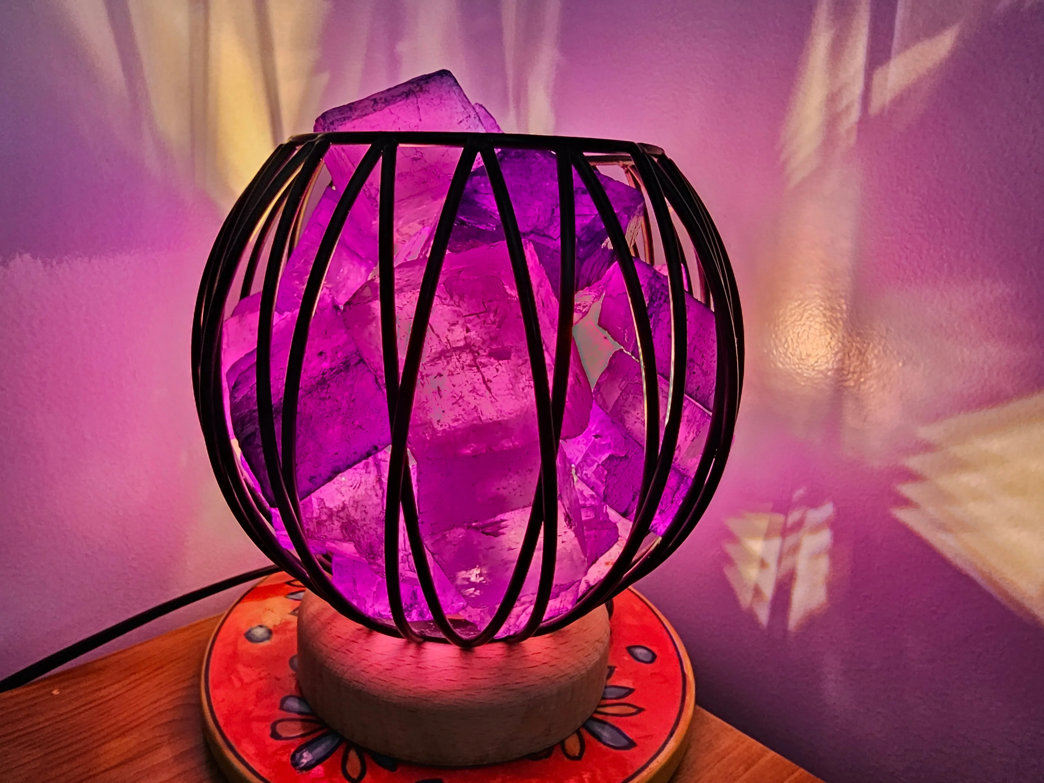 STUNNING DYED CLEAR QUARTZ IN AMETHYST COLOUR TONES CRYSTAL  CAGE LAMP