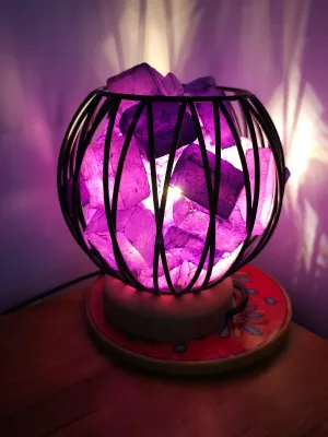 STUNNING DYED CLEAR QUARTZ IN AMETHYST COLOUR TONES CRYSTAL  CAGE LAMP