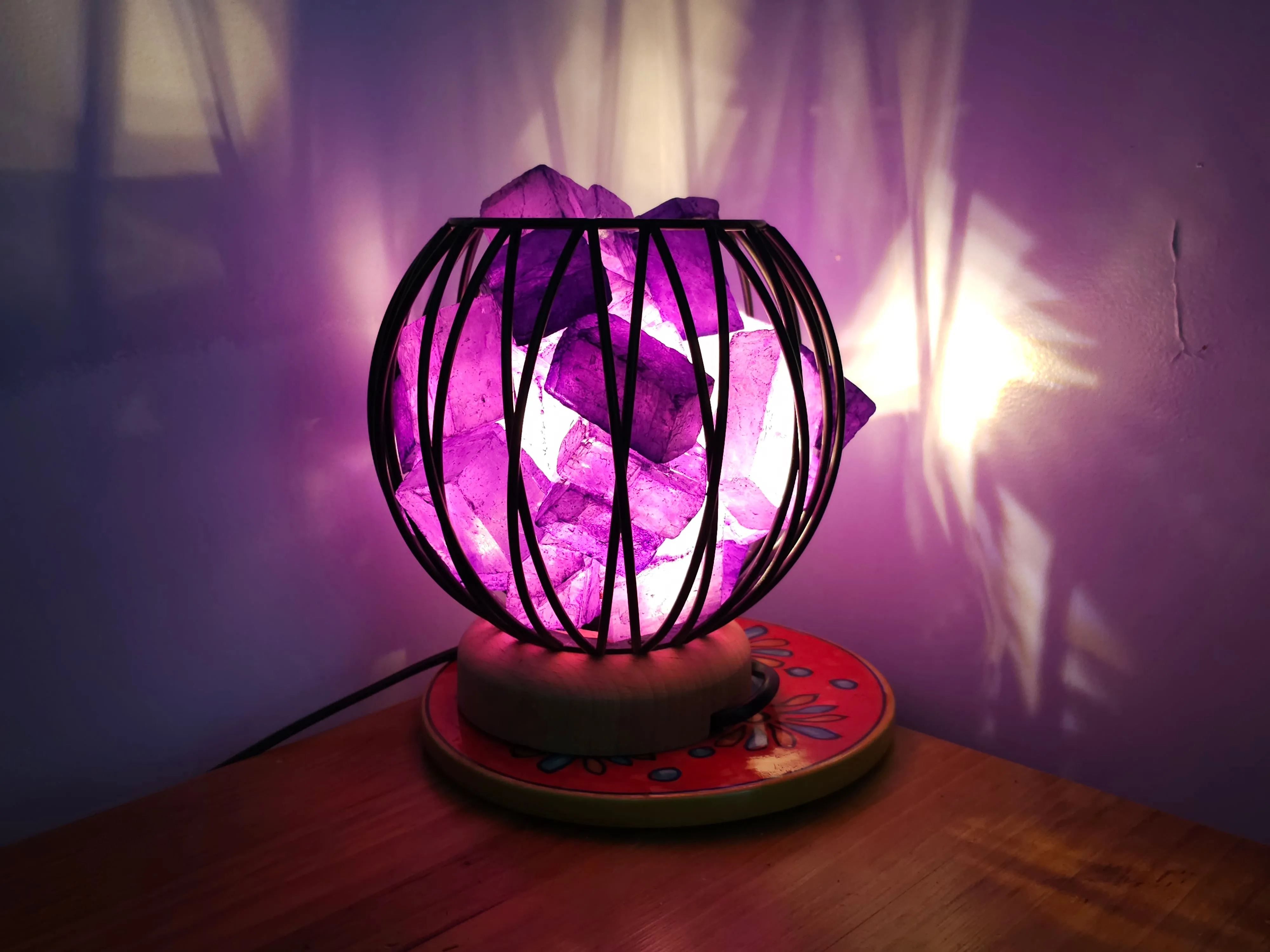 STUNNING DYED CLEAR QUARTZ IN AMETHYST COLOUR TONES CRYSTAL  CAGE LAMP