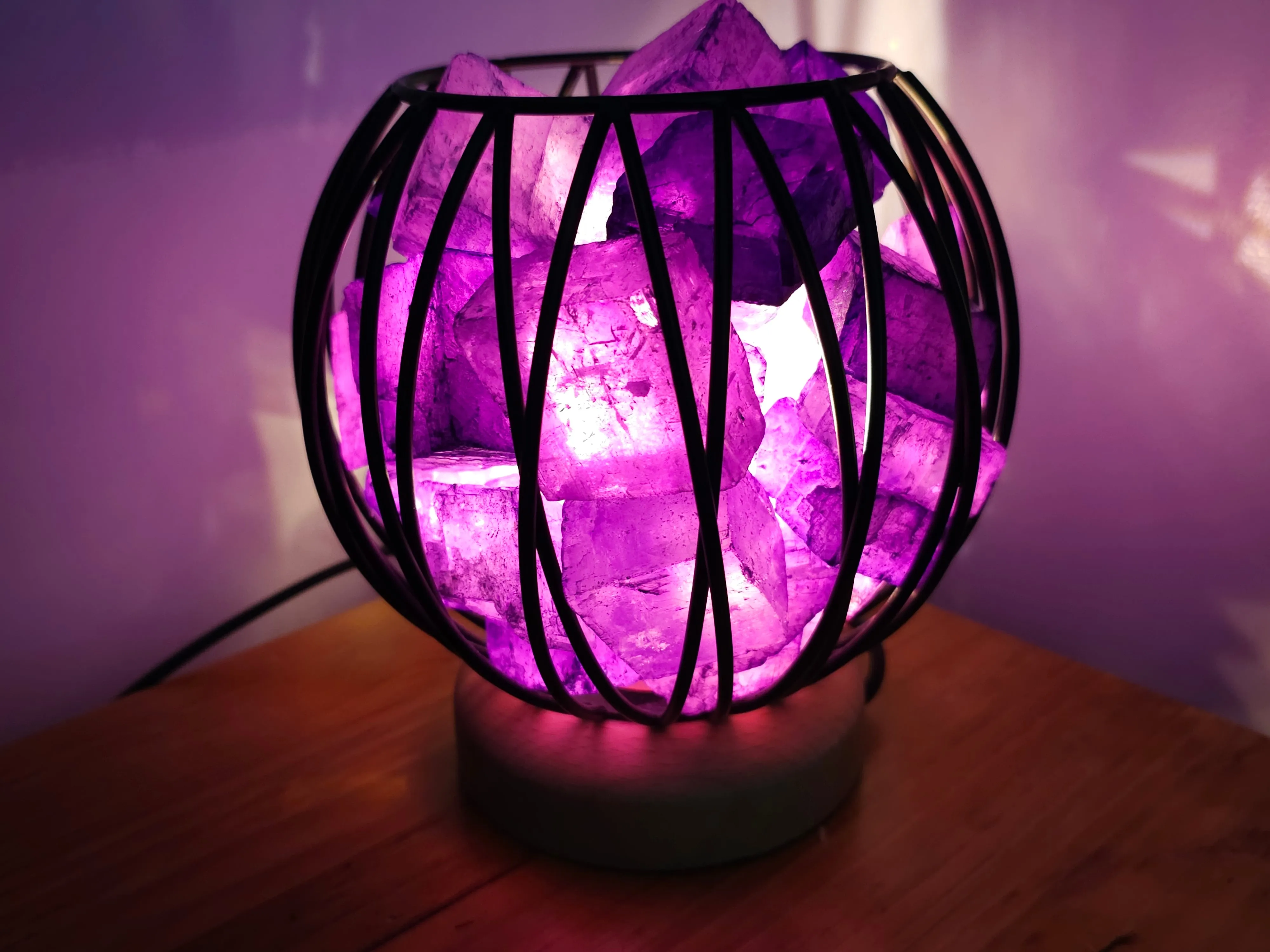 STUNNING DYED CLEAR QUARTZ IN AMETHYST COLOUR TONES CRYSTAL  CAGE LAMP
