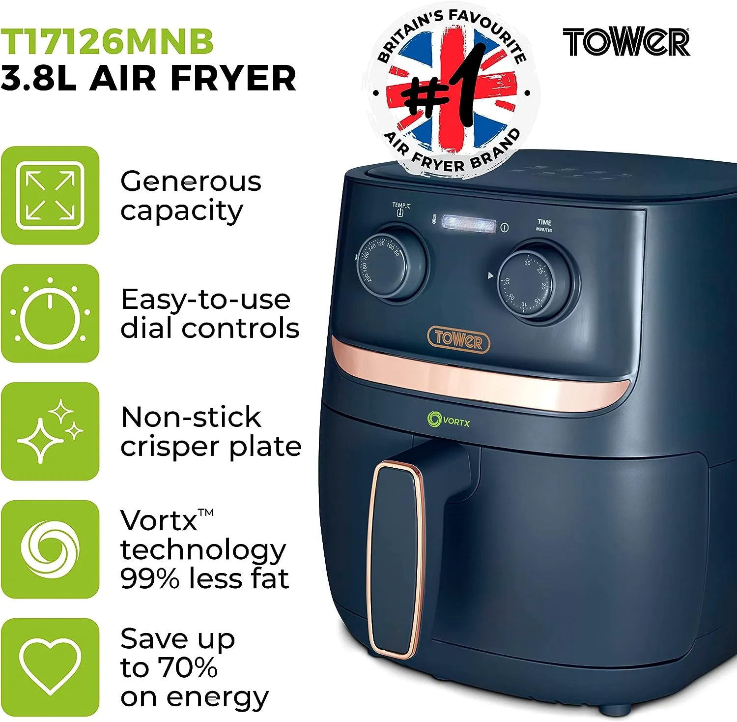 Tower Vortx 3.8L Colour Air Fryer - Midnight Blue