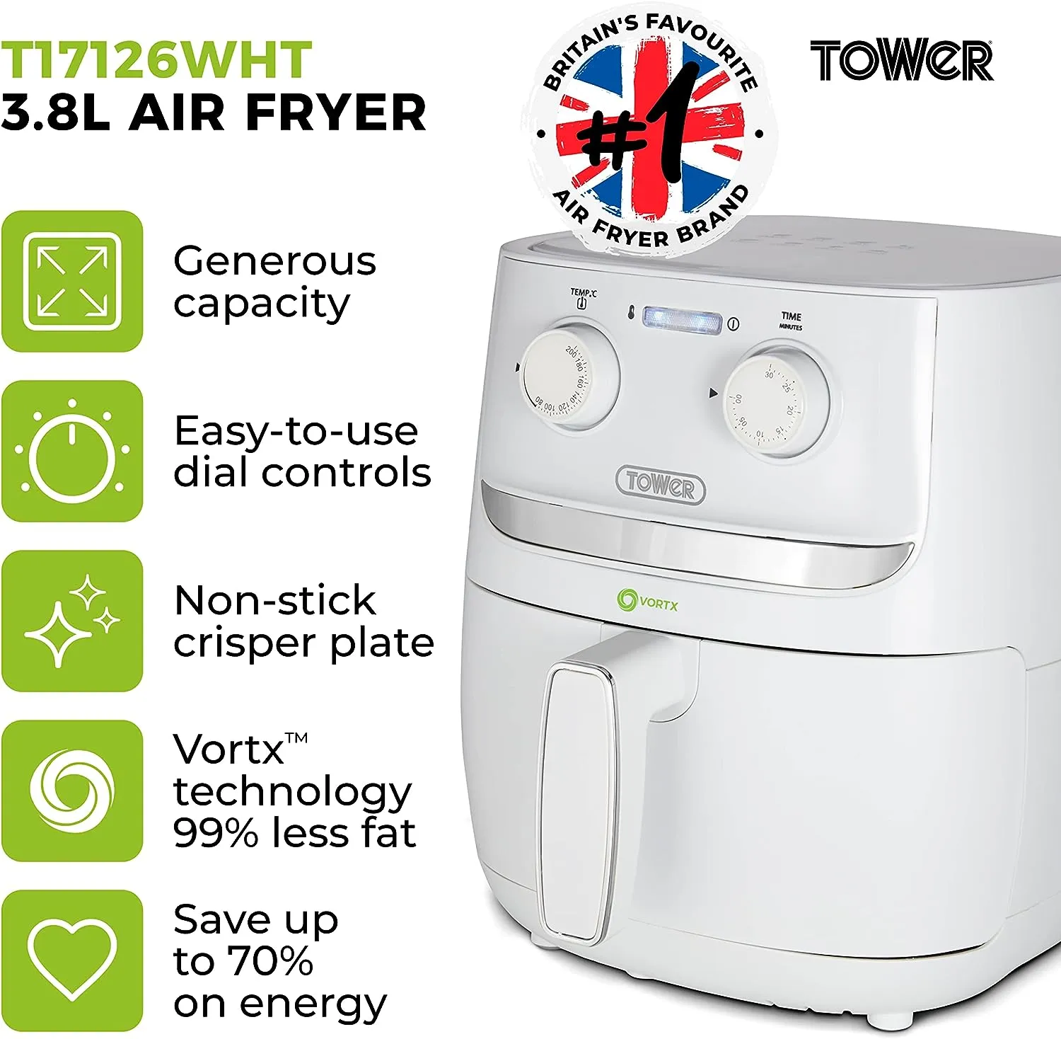 Tower Vortx 3.8L Colour Air Fryer- White